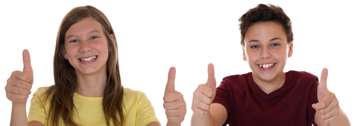 Smiling happy children showing thumbs up - School Mum